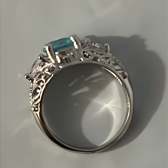 Elegant Art Deco Sterling Silver Aquamarine & White Sapphire Gemstone Ring - Picture 10 of 13